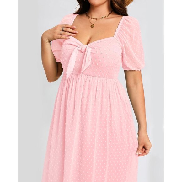 Plus Size Summer Dress Light Pink V-Neck Tie Front Maxi Swiss Dot - Picture 4 of 6